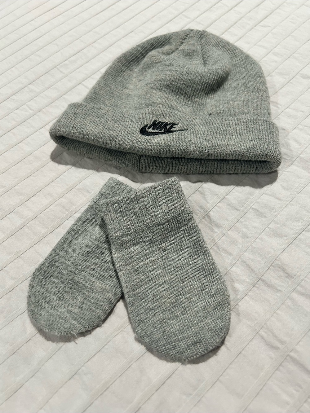 Nike Gray Knit Beanie and Mittens Infant Set